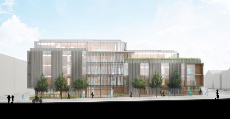 A rendered view of the UCSF Child, Teen and Family Center and Department of Psychiatry Building, from 18th Street.