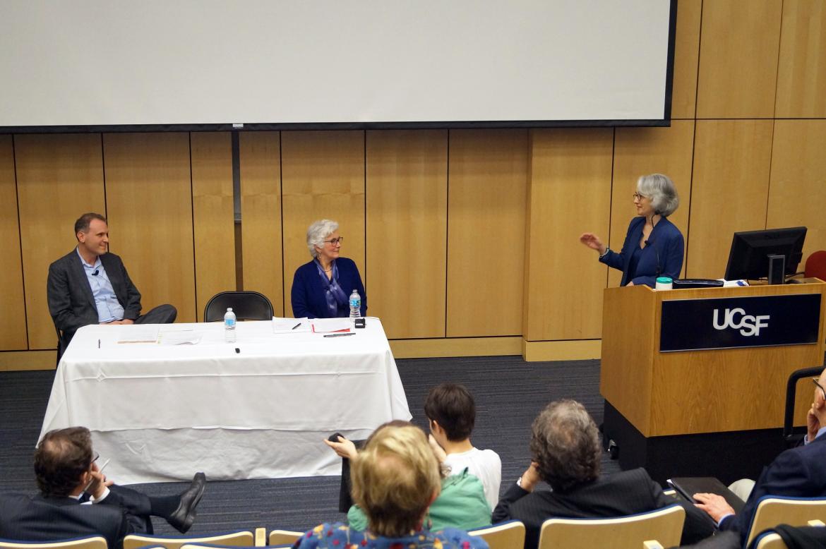 Deborah L. Cabaniss, MD, (right) discusses her presentation with discussants Adam Goldyne, MD (left) and Mary Margaret McClure, DMH (center).