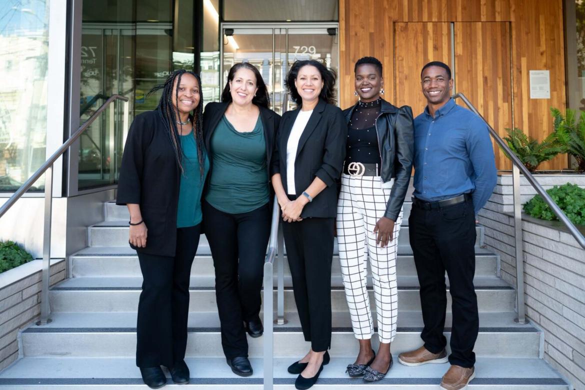 group photo of Lucy Ogbu-Nwobodo, MD, MS, MAS, Christina Mangurian, MD, MAS, Marilyn Thomas, PhD, MPH, Brittany Bryant, DSW, LCSW, and Paul Wesson, PhD.