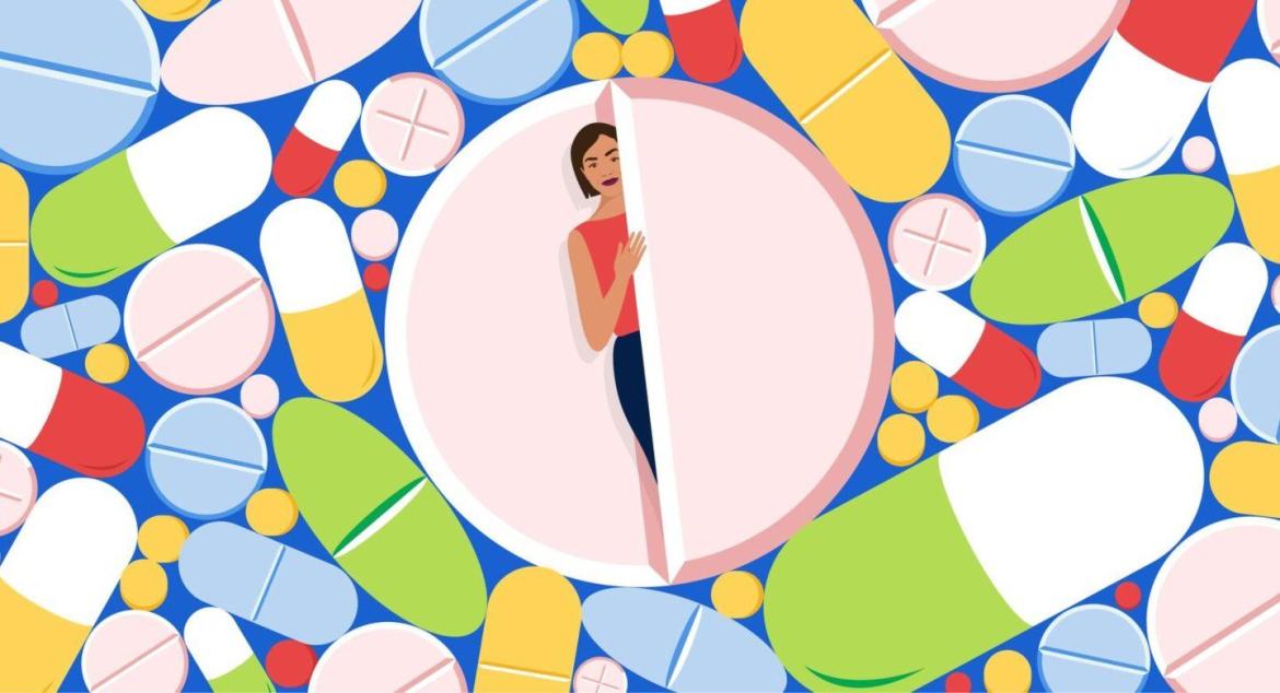 illustration of a variety of pills in different shapes, sizes and colors with a woman emerging from the center of a pill
