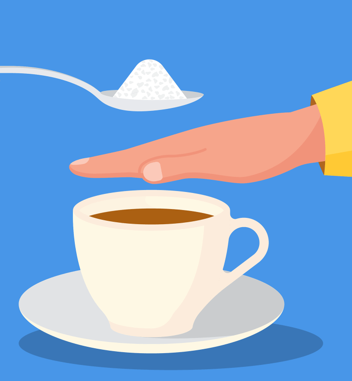 illustration of hand blocking a spoon of sugar over a coffee mug