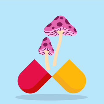 Illustration of a purple mushroom emerging from a pill capsule